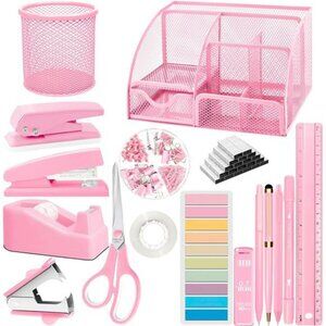 Pink desk accessories set 17 piece organizer stapler tape dispenser office suppl